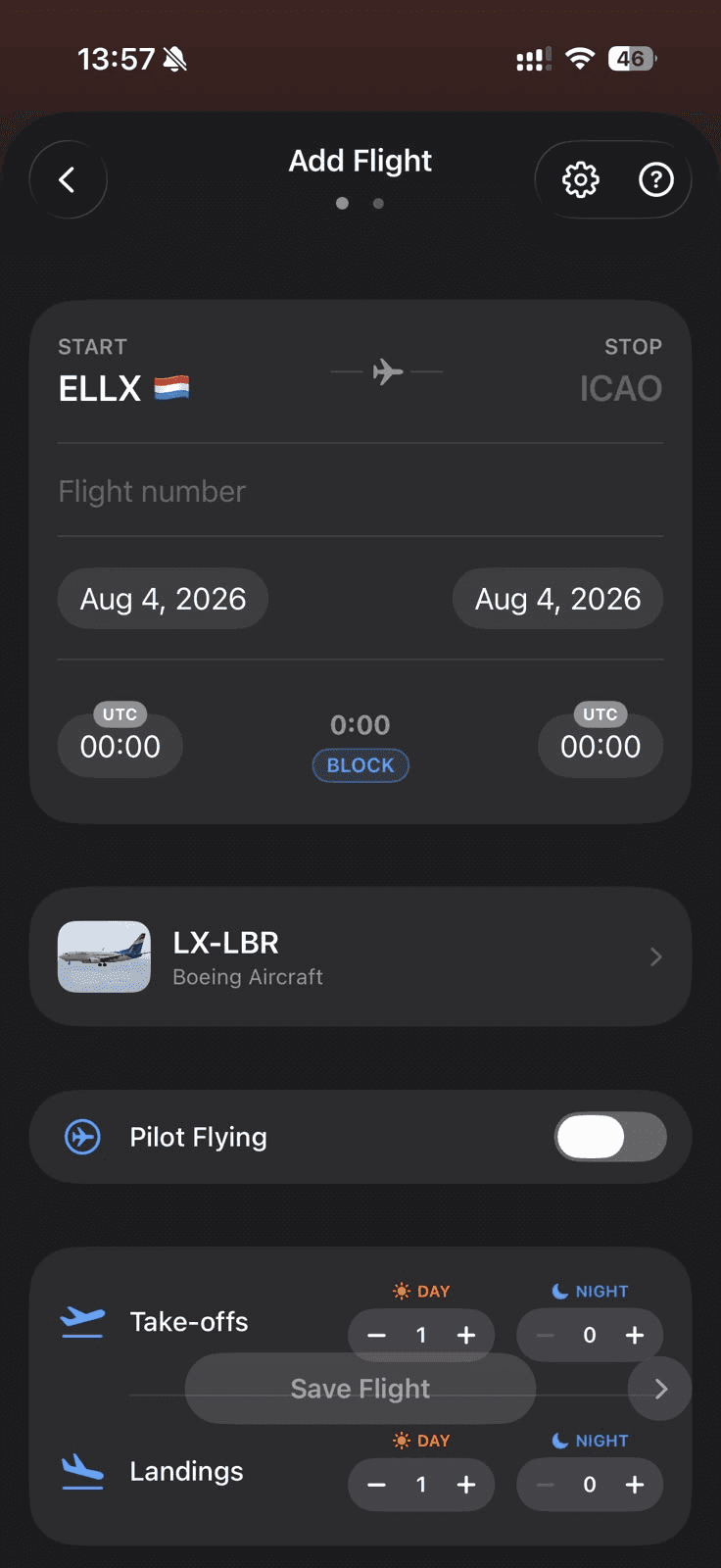 Pilotflows Add Flight screen with route, times, aircraft, and take-offs and landings