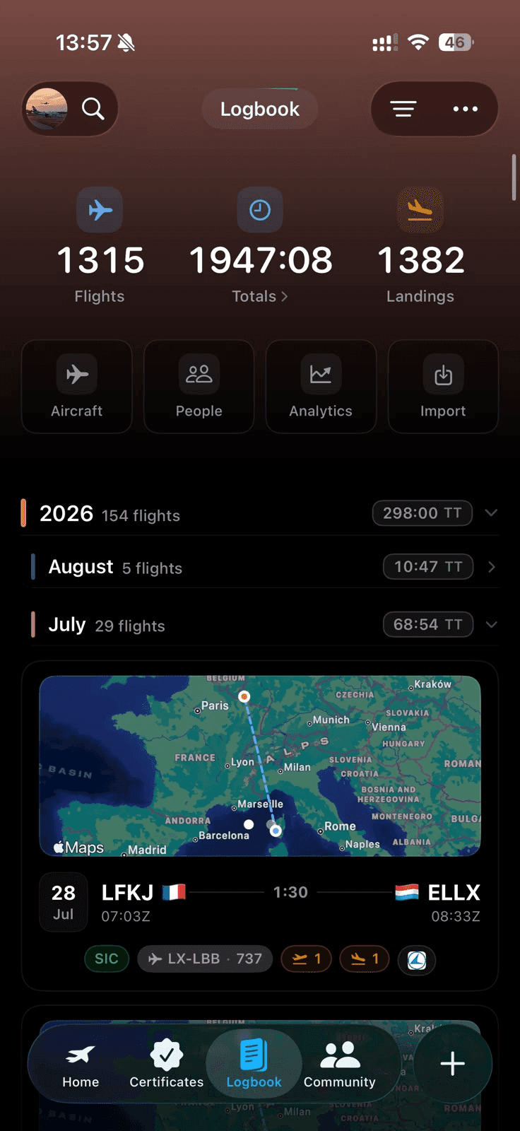 Pilotflows mobile logbook showing flight totals and a mapped flight from Corsica to Luxembourg